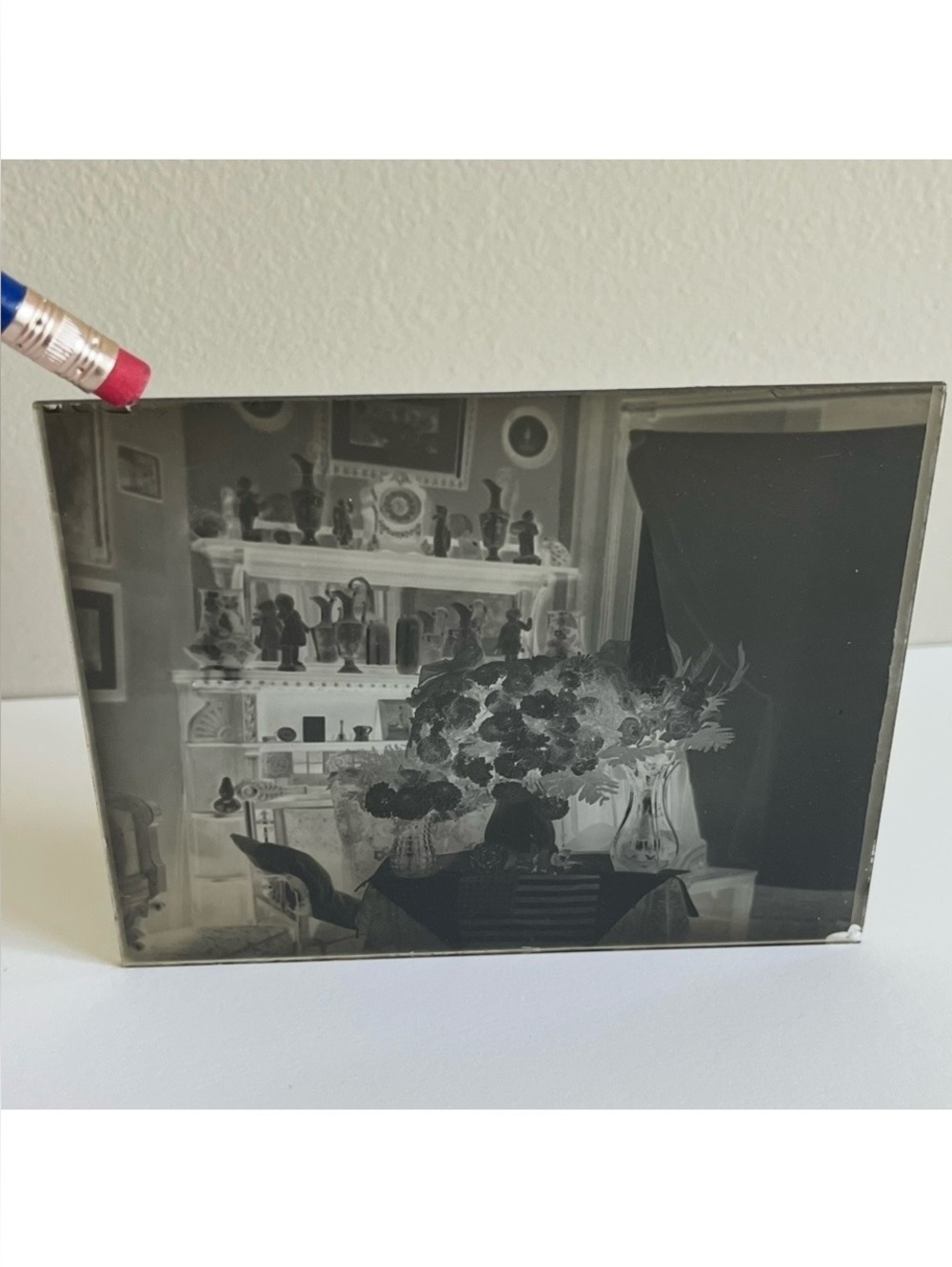 Antique Glass Plate Negative Flowers Statues Figurines NY 1800s / 1900s 5X4in